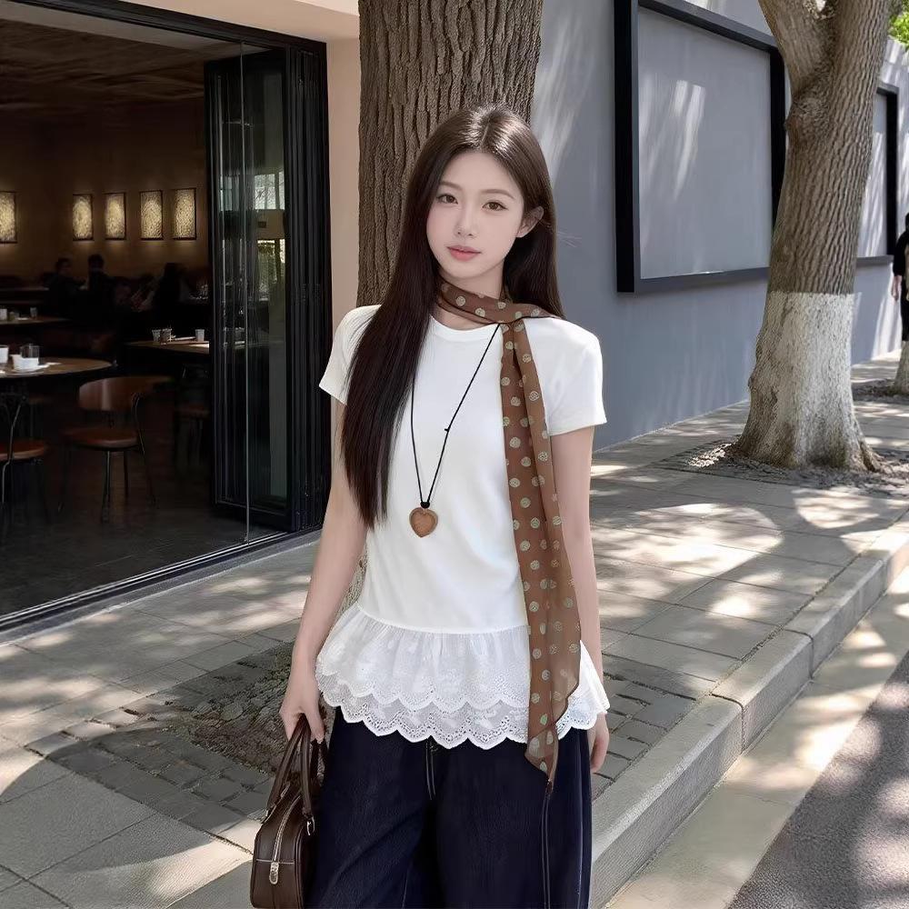 Design Sense White Lace Splicing Front Shoulder Short Sleeve T-Shirt Women's Summer New Slim Skinny Chic Lace Top