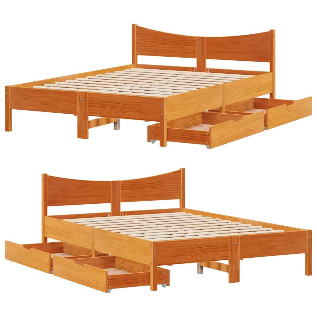Solid Wood Bed with Drawers Wax Brown 120x200 Cm Pine