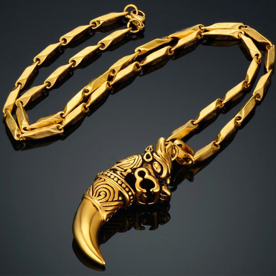 Punk Dragon Pattern Wolf Tooth Pendant Male Gold Color Stainless Steel Animal Amulet Necklace For Men Cool Jewelry Gift