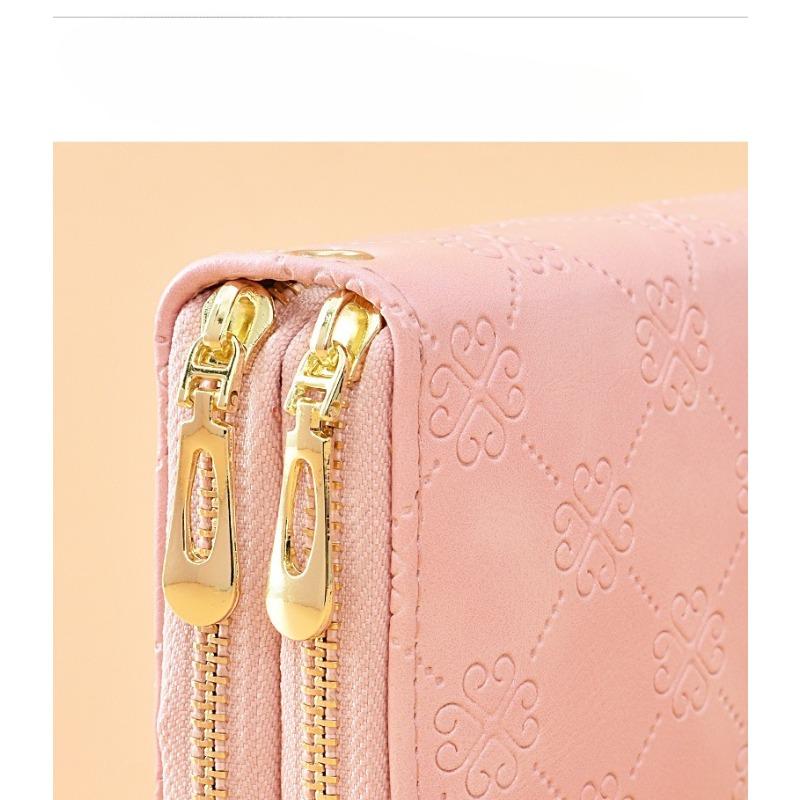 Wallet for women, long, European and American, shiny leather, double zipper handbag, large capacity, double-layer phone bag, frosted wrist wallet