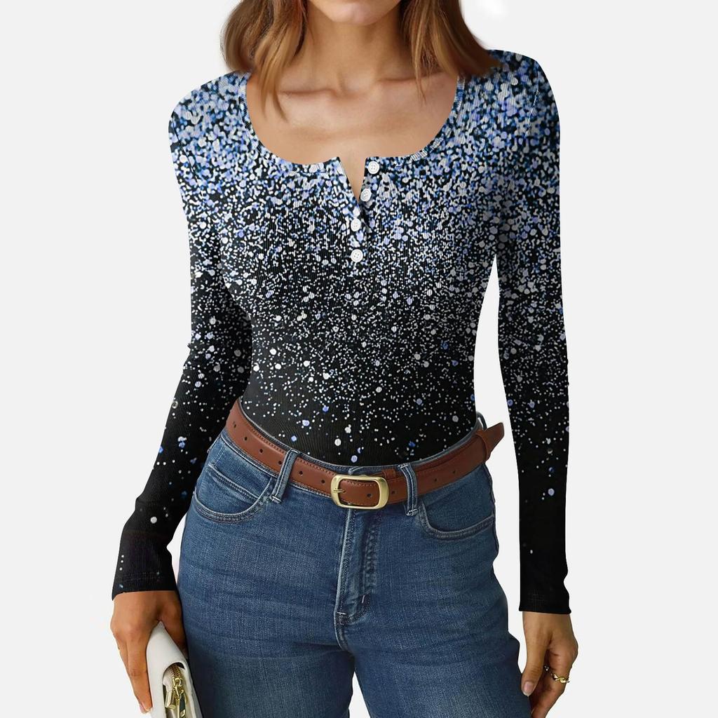 Women's Slim Bottom T-shirt Fashion Casual Gradient Printing Round Neck Pullover Long Sleeve Top
