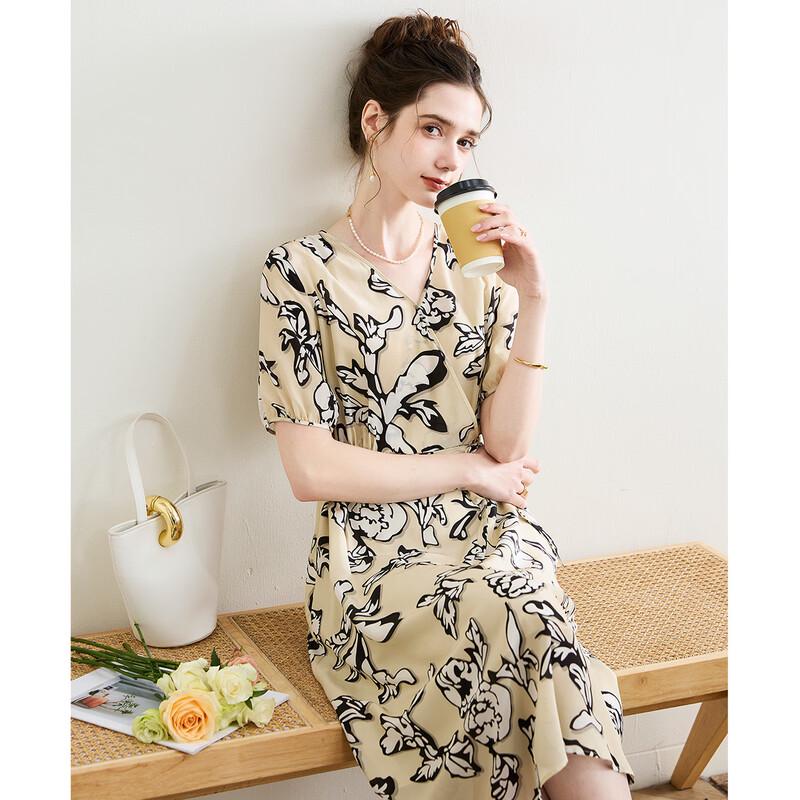 TUHUANG Mulberry Silk V-Neck Printed Midi Dress M