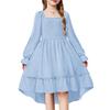 Girls' Fashionable And Cute Solid Color Square Neck Bell Sleeve Long Sleeve Ruffled Wide Hem Dress