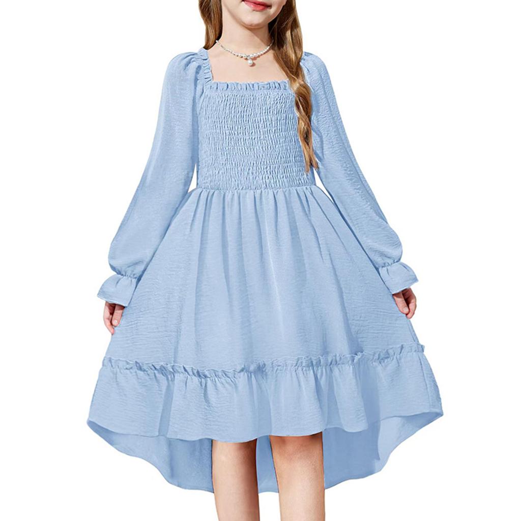 Girls' Fashionable And Cute Solid Color Square Neck Bell Sleeve Long Sleeve Ruffled Wide Hem Dress