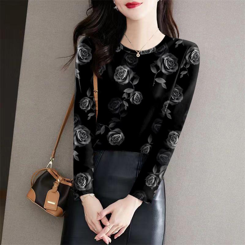 

Elegant Print Milk Silk Long-Sleeve T-Shirt for Middle-Aged Women - Autumn/Winter Thin Round Neck Base Layer M