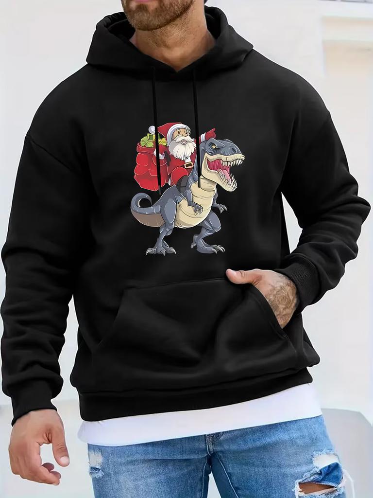 Christmas Themed unisex Autumn/Winter Long-Sleeve Hooded Sweatshirt, Santa Claus Riding a Dinosaur Creative Print Casual Versatile Top, Daily Commute