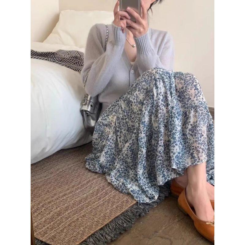 

Blue Beautiful Young Elastic High Waist Skirt Fashionable All-Match Retro Mid Length Long Length Small Summer Floral Skirt Blue S