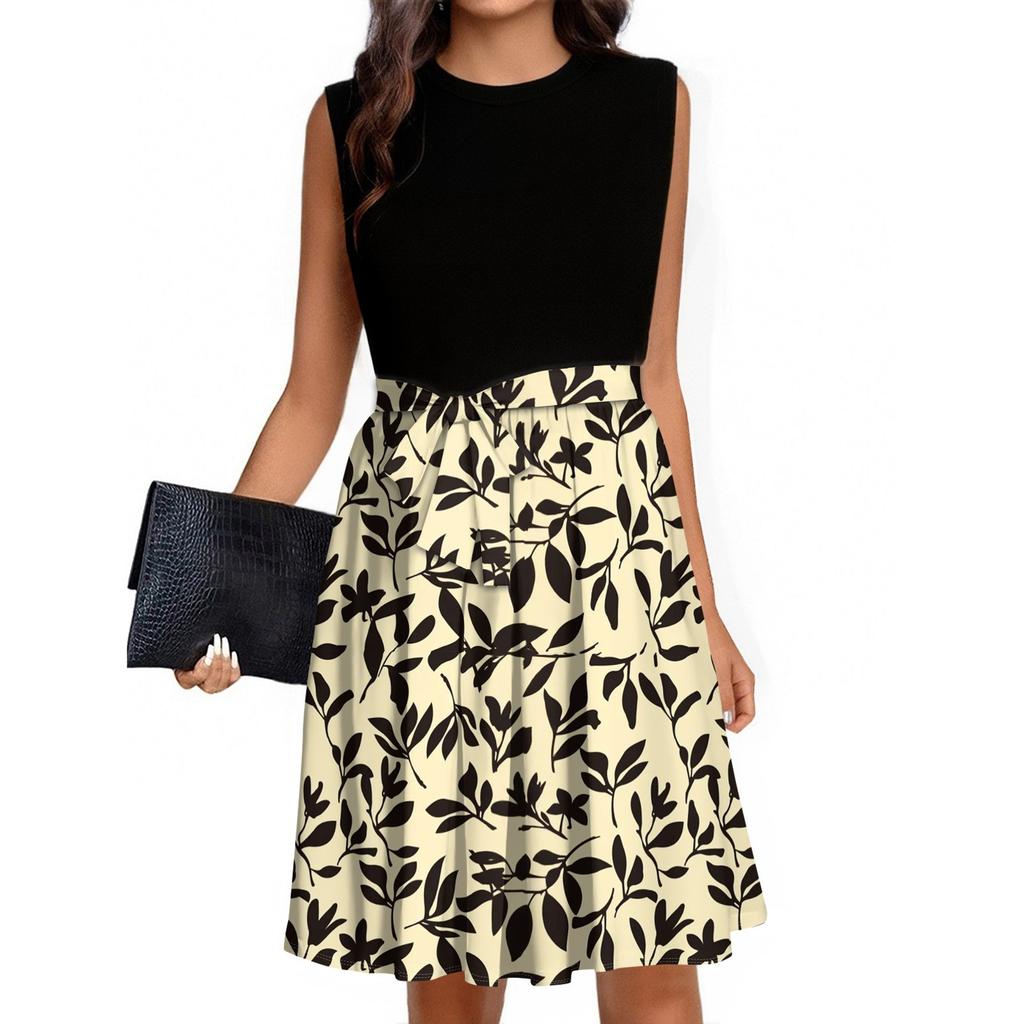 Women's Fashion Casual Lace-up Sleeveless Round Neck Splicing Short Dress