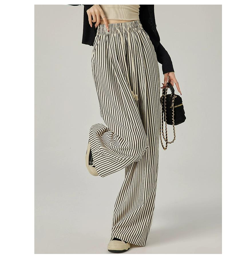 Women's High-Waisted Wide-Leg Black & White Striped Pants - Summer Petite, Slimming, Thin, and Loose Fit, 145cm