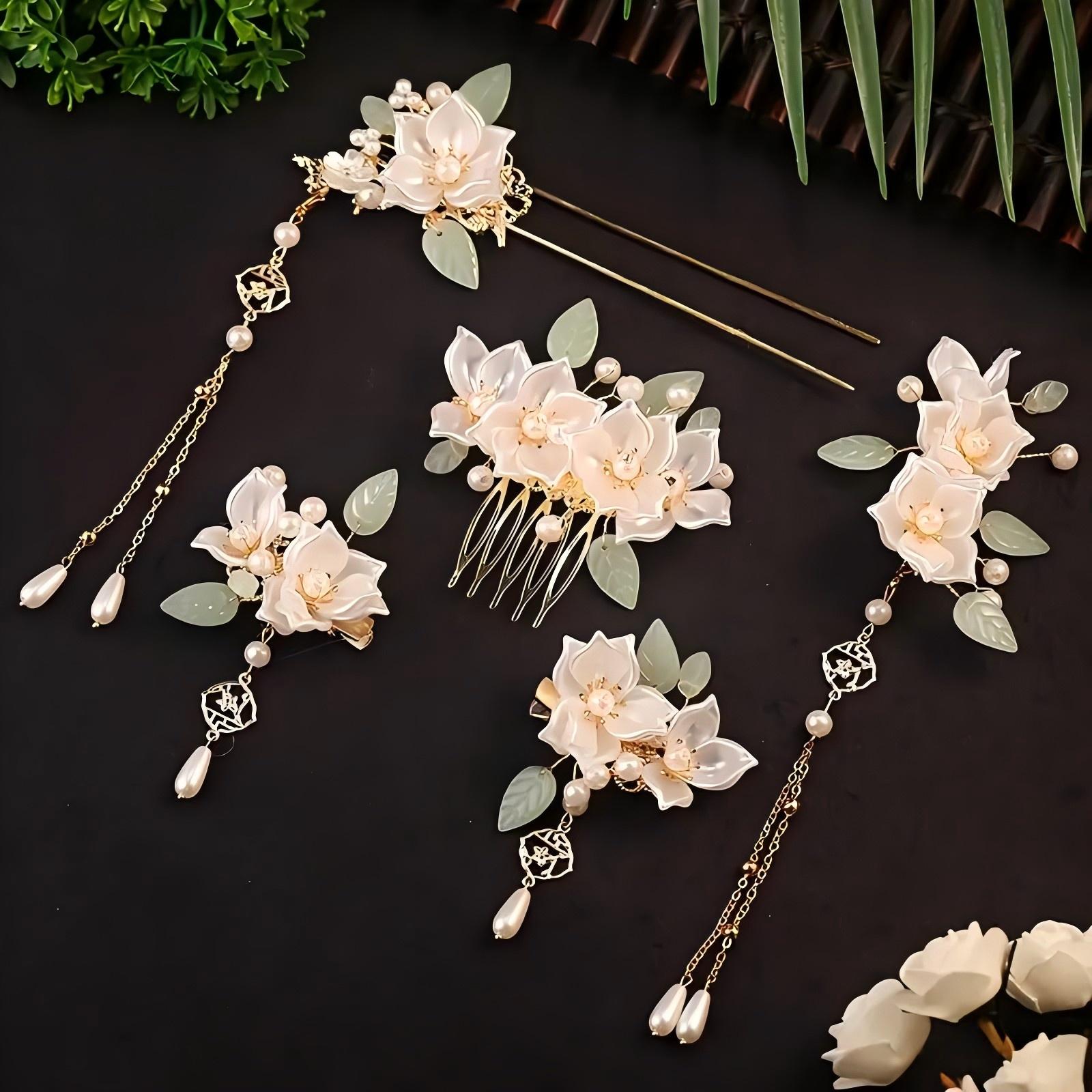 

5pcs/set Elegant Women Hair Accessories Jewelry Tassel Pearls Suitable for Wedding Banquets Daily Wear Chinese Style Hairpin Set