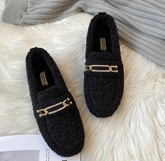 Fashion Plus Size Women Shearling Flats Furry Lambswool Mocasines Mujer Warm Cotton Shoes Ladies Slip On Sheep Fur Lined Loafers Winter