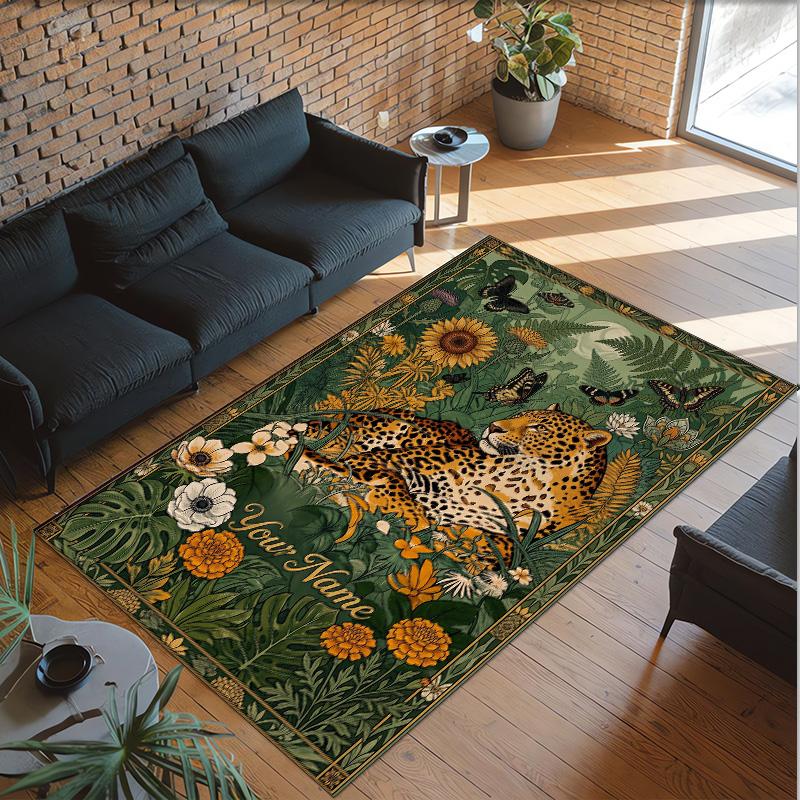 Leopard Theme Crystal Velvet Floor Rug Personalized Custom Name Text Warm Carpet Home Decoration