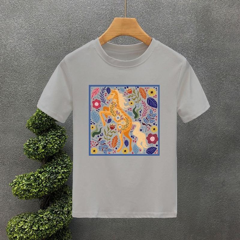 25 Summer Short Sleeve Horse and Floral Print T-Shirt Men's Creative Crew Neck Top Hip Hop Fashion Cotton Streetwear Large Size