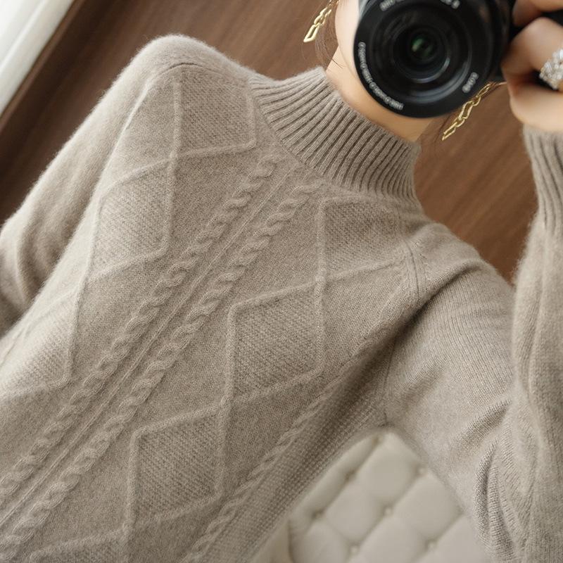 Semi-turtleneck warm thickened sweater women's autumn and winter twist pullover loose and versatile outer wear knitted sweater