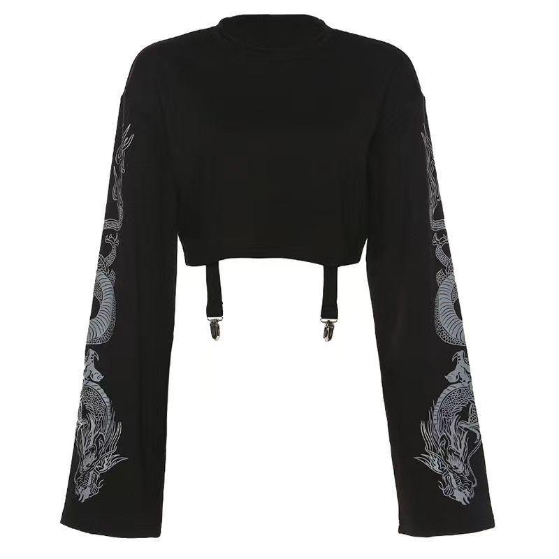 2024 Dark Style Dragon Pattern Women's Crop Top Sweatshirt - Hip Hop Loose Long Sleeve