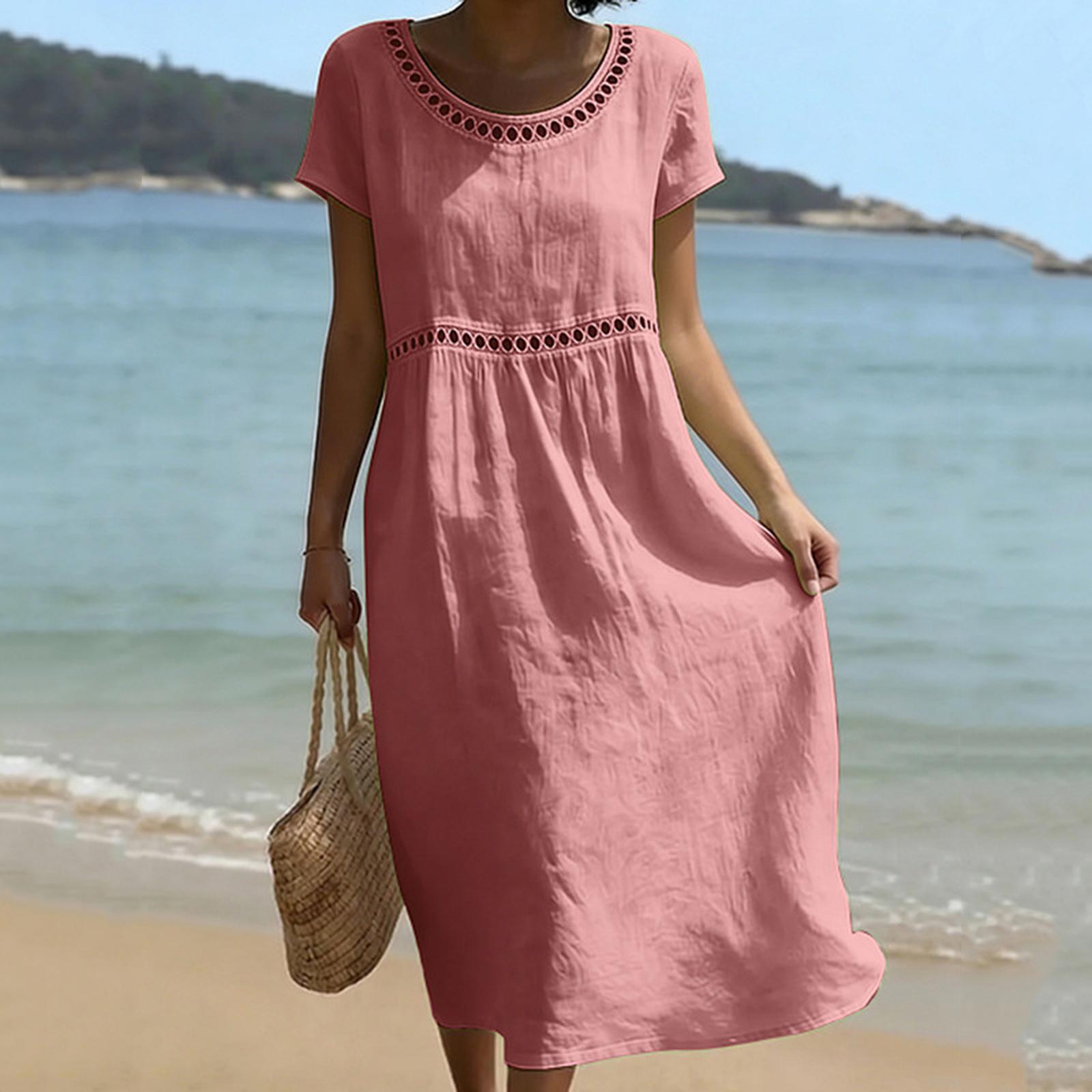 

Women s Summer Fashion Round-Neck Short-Sleeve Openwork Lace -Color Cotton-Linen Dress M рожевий