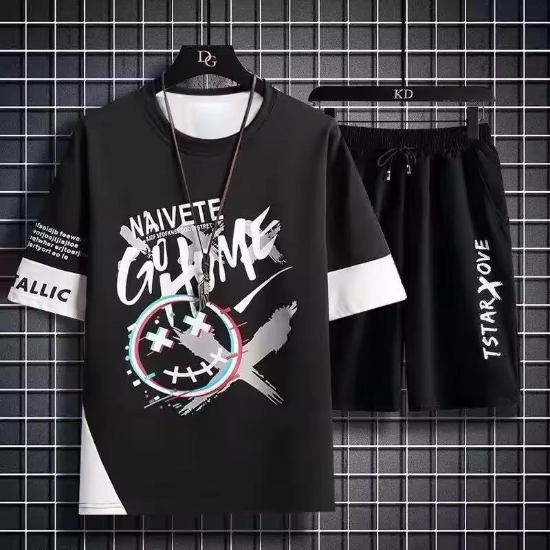 Men's New Summer Fashionable Breathable Round Neck Top Paired with Letter Pattern Drawstring Shorts Casual Sweat Wicking Set