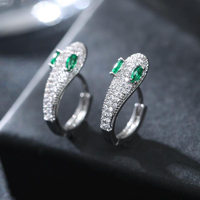 Minimalist Copper Snake Earrings with Green Gemstone Inlay платиновый