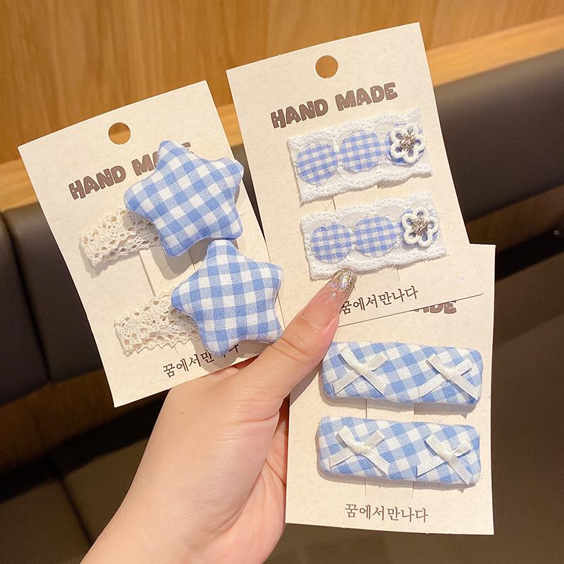 Korean Style Blue Lace Plaid Hair Clip: Fresh, Sweet, and Versatile BB Clip for Children's Bangs.