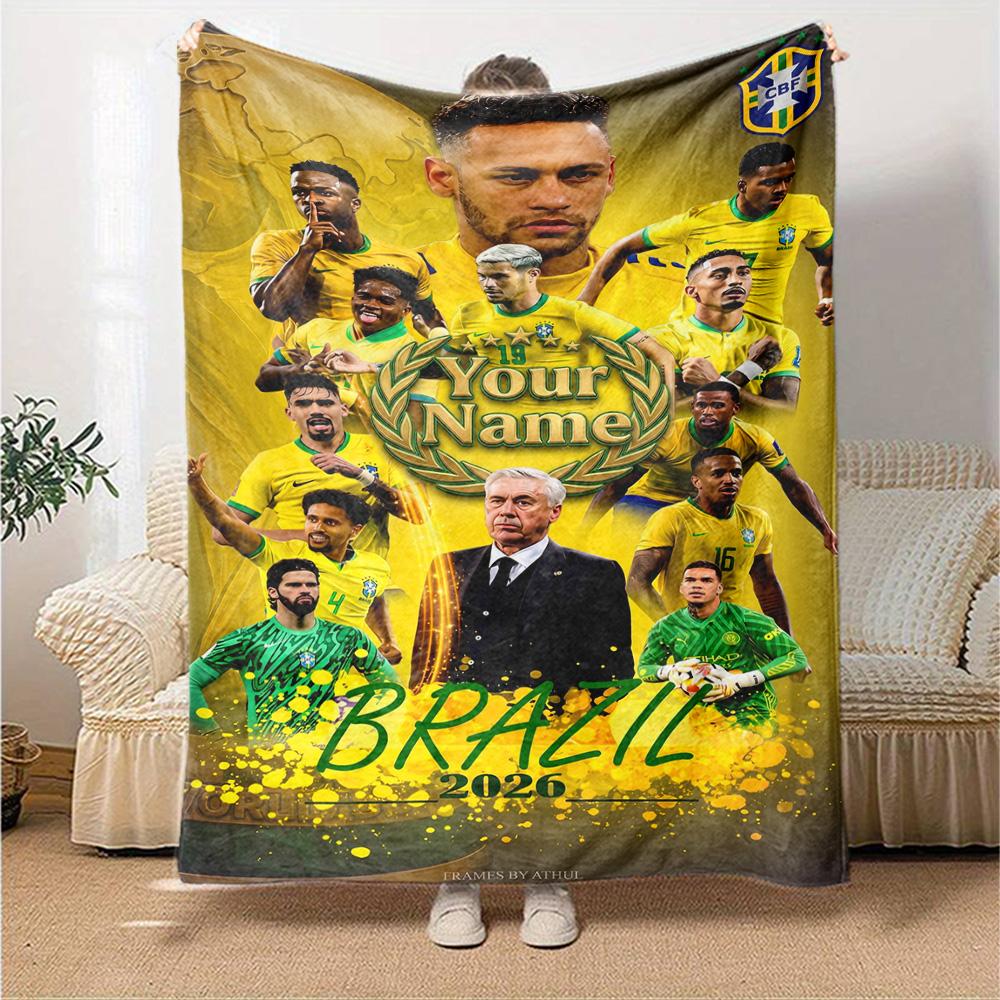 Brazilian Football Celebration Personalized Text Blanket Multi-purpose Customizable Blanket Comfortable Suitable for Chair Picnics Bed Couch