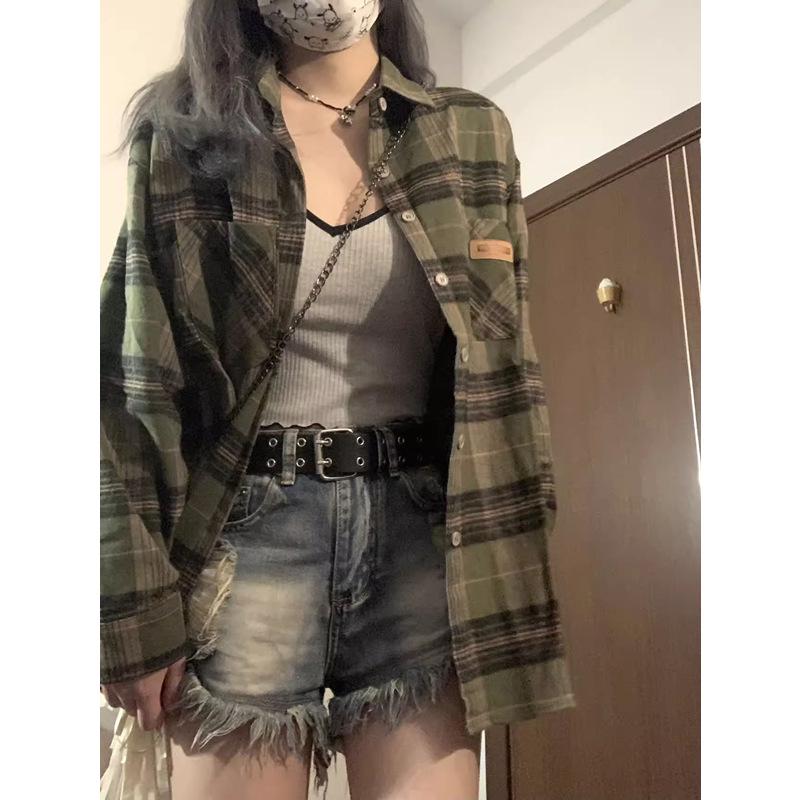 2024 Women's Retro Green Plaid Shirt Jacket - Spring/Autumn Design