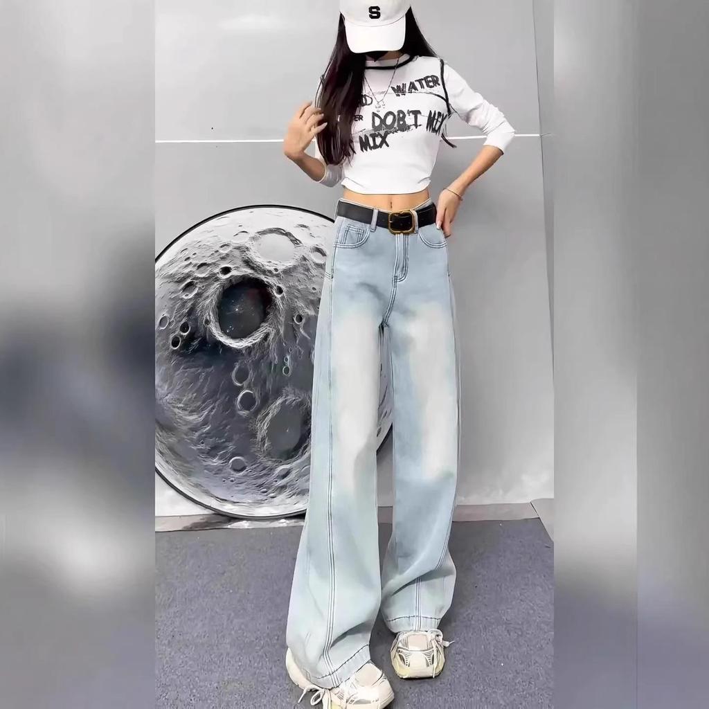 2025 Winter Light Color Women's Loose Wide-Leg Jeans - Casual Slimming Straight Floor-Length Pants