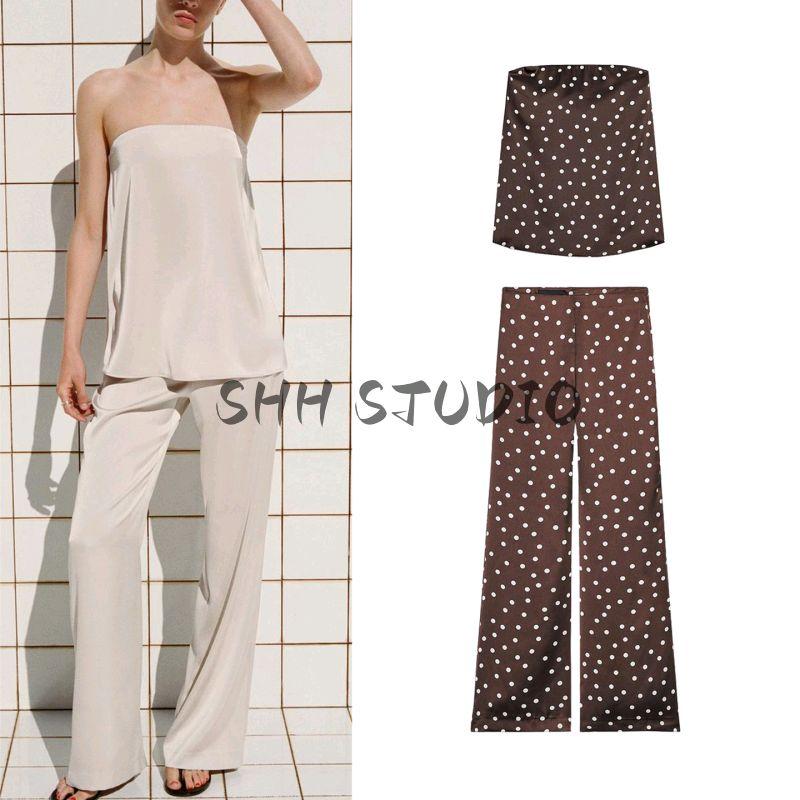 Strapless Straight Collar Silk Satin Texture Plaid Tube Top Tops 4772026 Silk Satin Texture High-Waisted Trousers 5427429