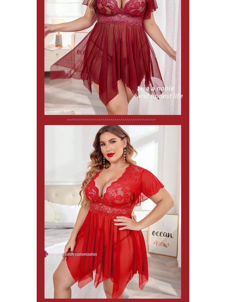 Plus Size Květinová Krajka Síťovina Hluboký Výstřih Jednodílné Večerní Šaty & Noční košile