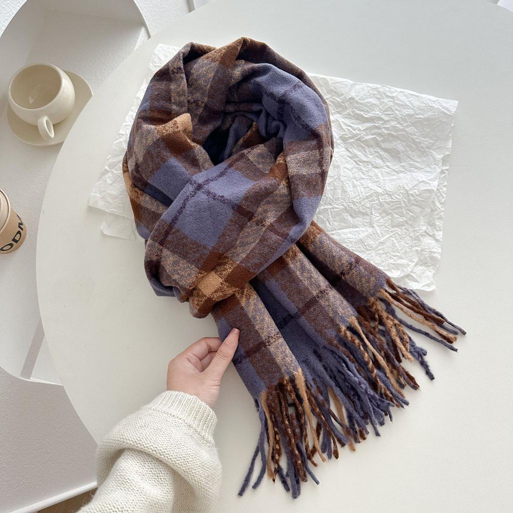 New Winter Retro Plaid Scarf for Girls Versatile Thickened and Warm Long Shawl Dual Purpose Double-sided Couple Scarf