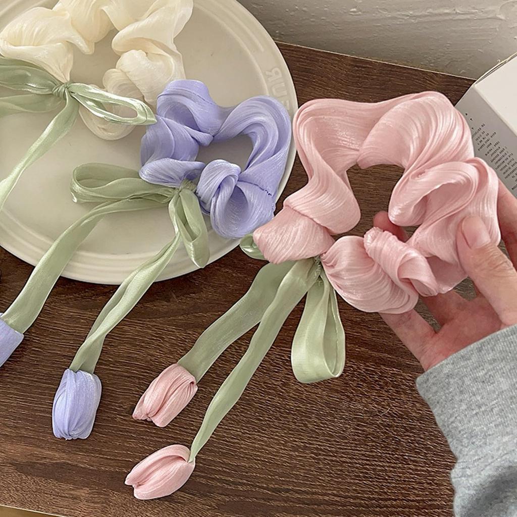 HAPVITAL Chiffon Stylish Hair Hair Elegant Hair Simple Hair Solid Extra Large Scrunchie, Rope, Tie, Accessory, Satin, Accessory, Large, Color, (Tulip