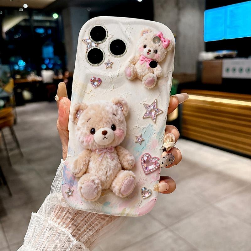 Cute Pink Teddy Bear & Love Pattern Phone Case For Samsung Galaxy S26 Ultra S25 S24 S23 S22 S21 S20 Plus A56 A54 A53 A16 Cover