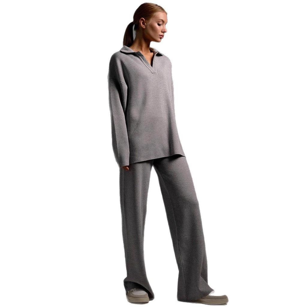 European & American Polo Collar Casual Pullover with Wide-Leg Pants Two-Piece Set for Women - Autumn/Winter 2025 Collection