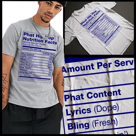 

Hip Hop Boom Bap 90s Rap Music Dj Club Cotton T-Shirt Nutritional chart S