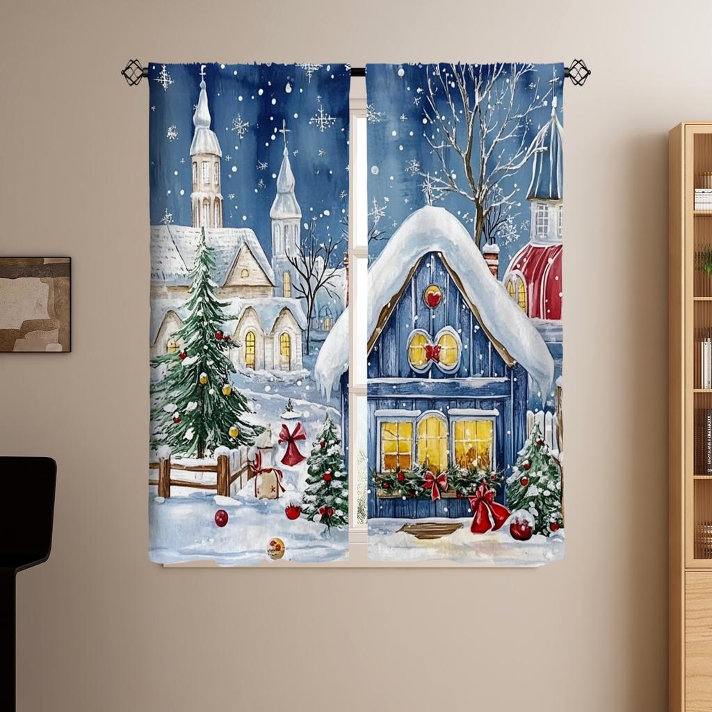 Festive Christmas Winter Scene Curtains Drapes Snowy Village Cottage European Style Polyester Window Drapery for Living Room Bed
