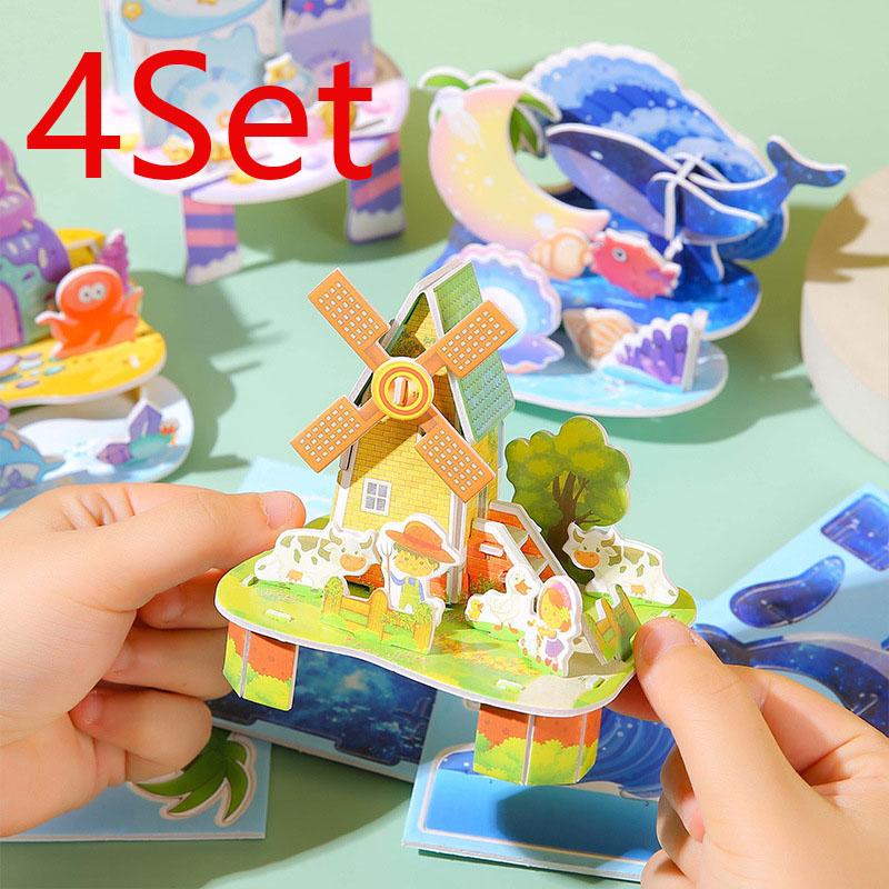 4 Set 3D Açılır Kart Yapboz Kiti - Kendin Yap Montaj El İşi, Çocuklar İçin Eğitici Yapım Oyuncağı, Eşsiz Öğrenci Hediye Fikri