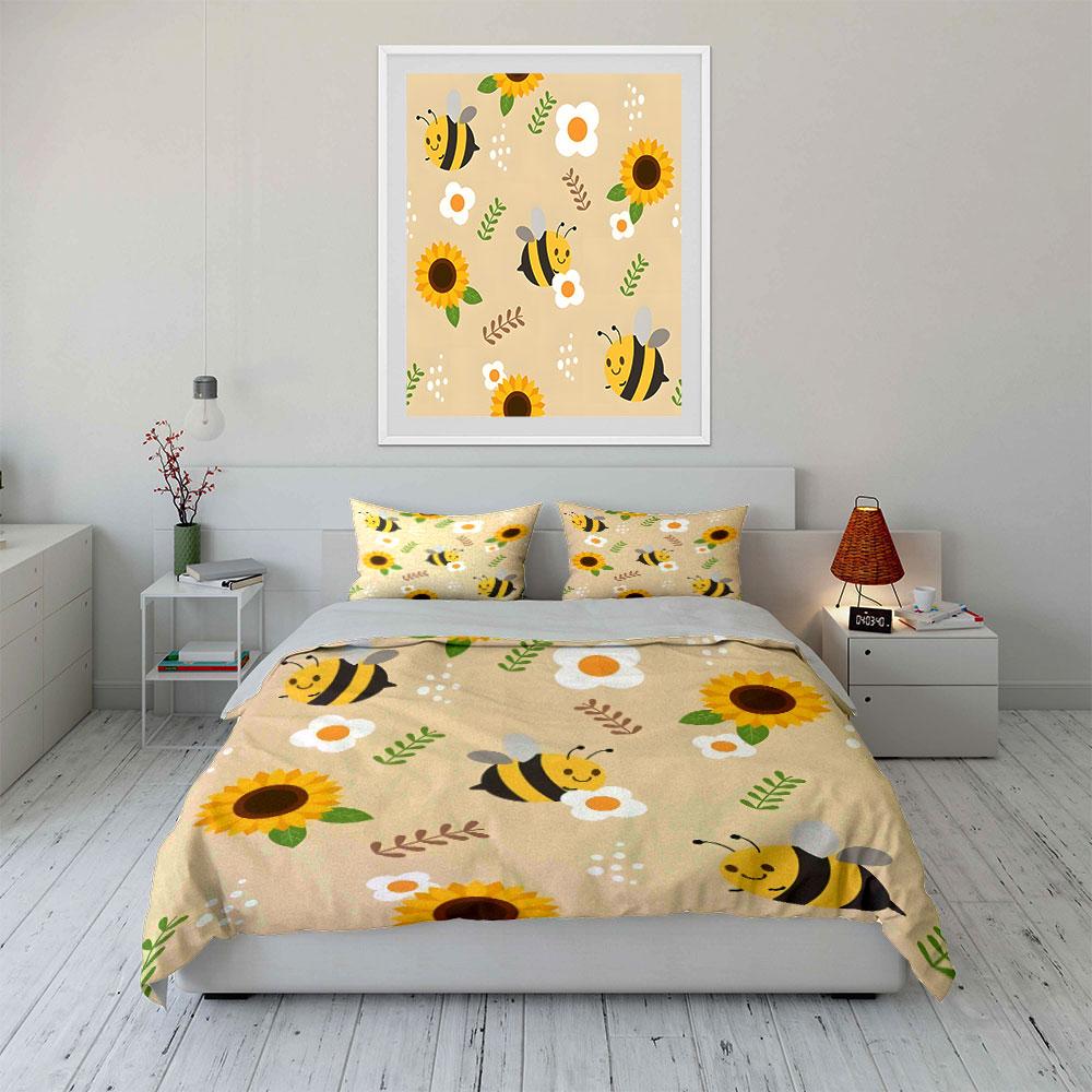 Süße Bienen und Sonnenblumen Aufdruck Bettwäsche Bettbezug Set  (1*Bettbezug 2*Kissenbezüge, ohne Bettdecke)