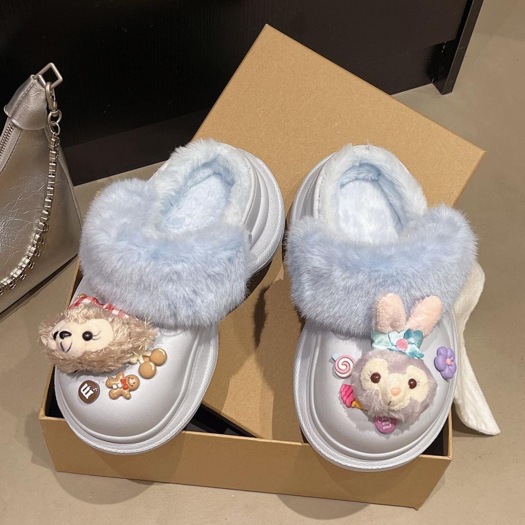 Thick-bottomed velvet comfortable warm slippers women's 2025 autumn and winter new cute cartoon bag head cotton slippers women's outer wear