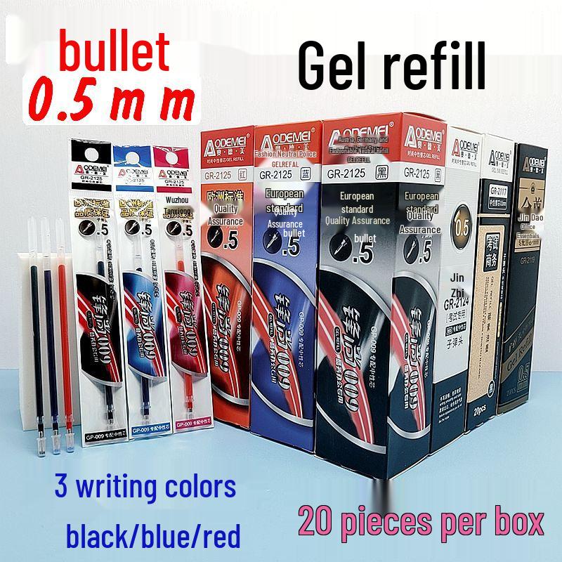 Feng Shang 009 European Standard Office Pen Refill, 0.5mm Bullet Tip, Black/Blue/Red for Students and Professionals.