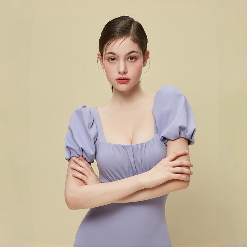 

Square neck bubble sleeves are simple and thin, solid color, small and fresh backless one-piece swimsuit, princess style conservative M лиловый