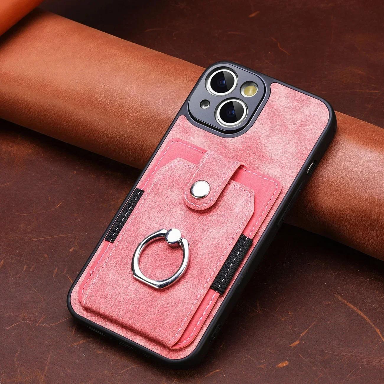 

Шкіряний чохол для телефону з гніздом для картки гаманця для iPhone 15 14 13 12 11 Pro XR X XS Max 8 7 Plus з магнітним тримачем для кільця на пальці iPhone XS Max рожевий