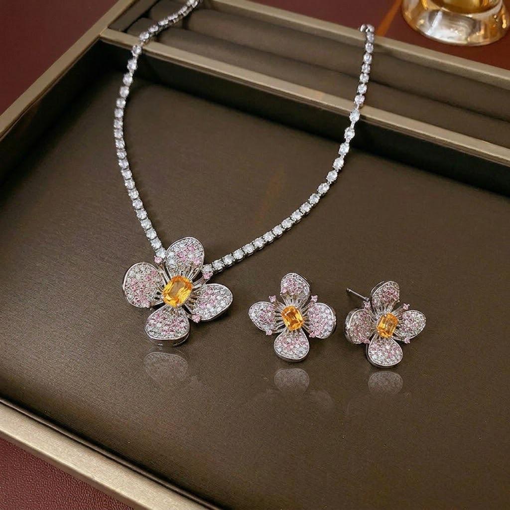 European and American Style Zircon Emerald Necklace Earrings Set with Plum Blossom Design