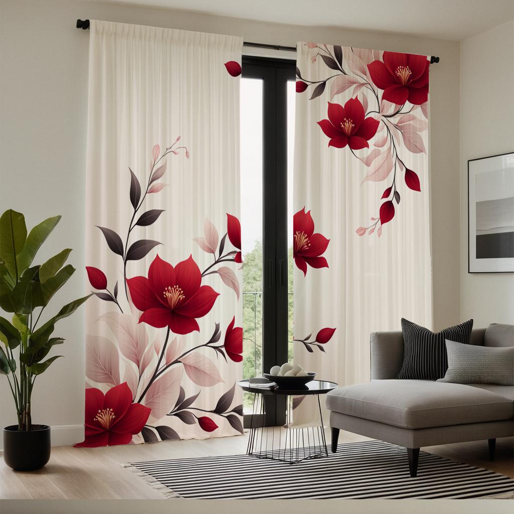 1pc Gorgeous red floral print curtains   polyester fabric   machine washable   suitable for living room and bedroom decoration