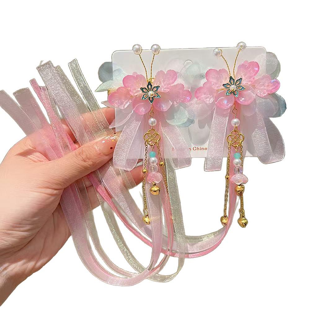 Princess Style Children's Hanfu Hair Clips - Ancient Chinese Tassel Ribbon Headdress for Girls