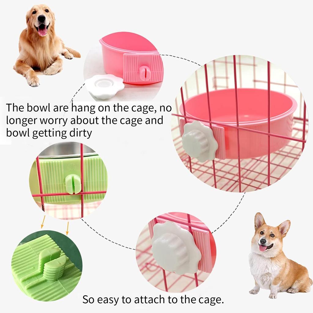 Dog Bowl, Removable Stainless Steel Hanging Pet Kennel Cage Bowl Food & Water Feeder Coop Cup for Puppy, Cat, Rabbit