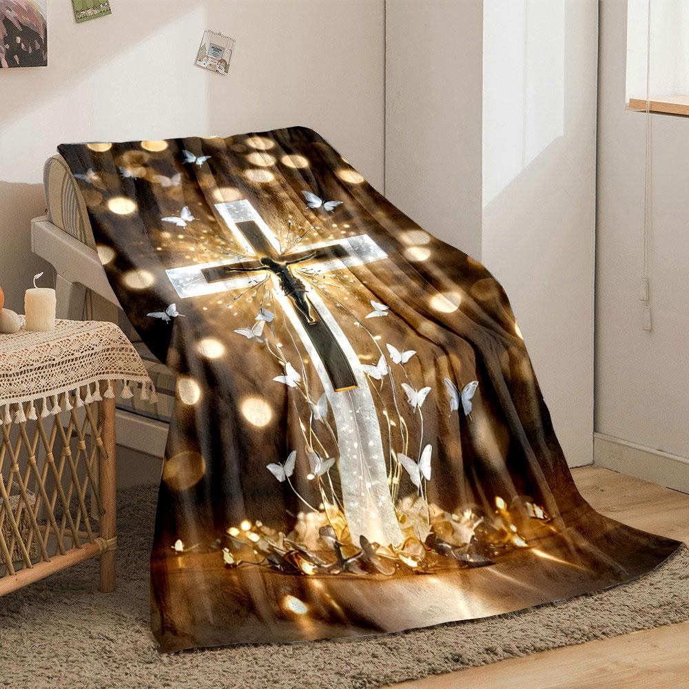 Glowing Cross Butterfly Blanket Printed Blanket for Living Room Bed Couch lunch break Soft Cozy Blanket for Friend's festival Gift