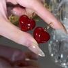 1 Pair of Elegant French-Style Heart-Shaped Earrings - Vintage Red Resin with Golden-Tone Iron Posts, Perfect for Daily Wear