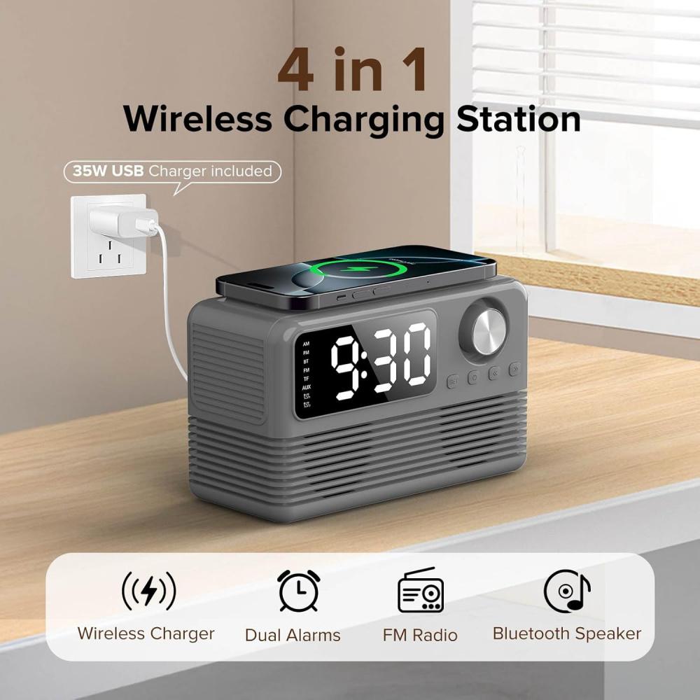 15W Fast Wireless Charger with Bluetooth Speaker and Alarm Clock Radio,4 In1 Wireless Charging Station for iPhone,Android Phones with FM Radio