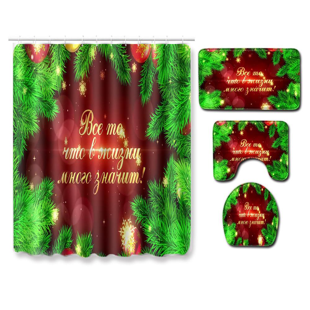 Christmas Shower Curtain Floor Mat Combination Four-Piece Set Bathroom Toilet Carpet Shower Room Mat Foot Mat