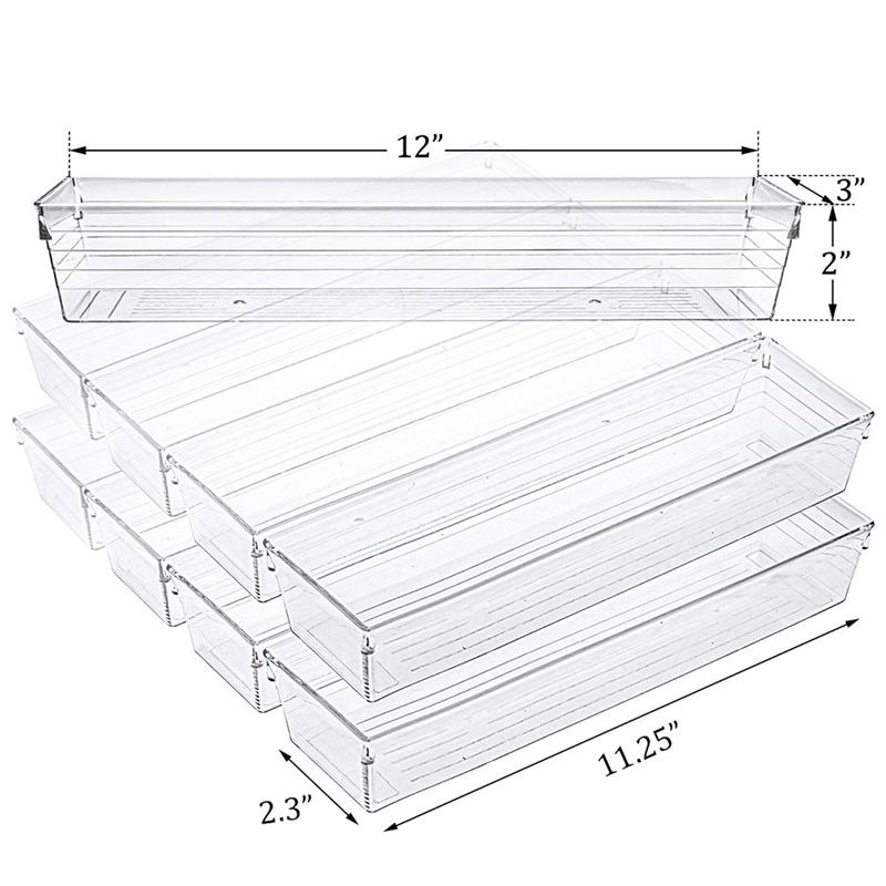 10 Pack 12 X 3 X 2 Inch Clear Drawer Organizer Trays Desk Drawer Divider Storage Bins Storage Box Set For Kitchen