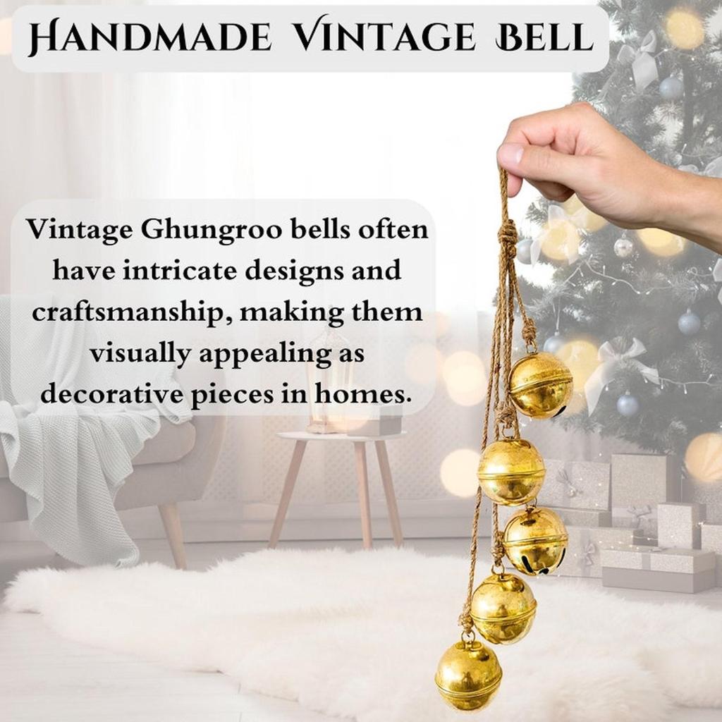 Glänzendes Glöckchen-Cluster aus Messing, 5er-Set, handgefertigte Kuhglocken aus Metall zum Aufhängen, Glücksbringer-Weihnachtsbaumdekoration